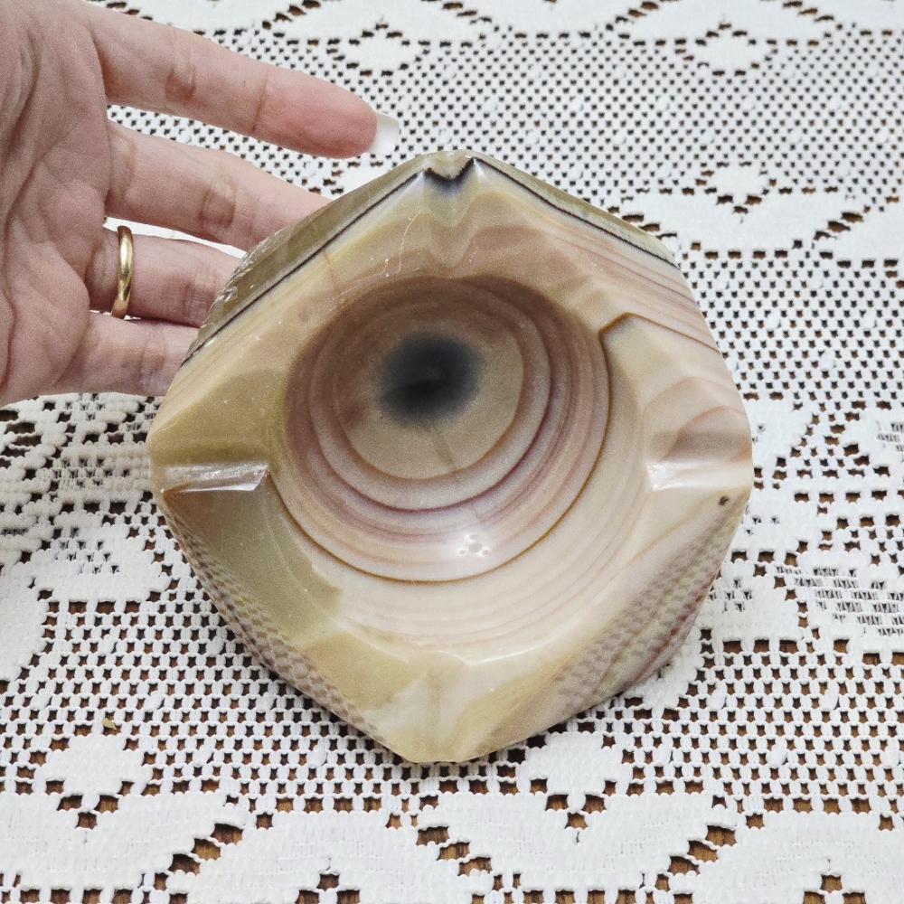 Vintage MCM Onyx Ashtray Marble Alabaster Heavy Stone Cream Green Pink Tan - Picture 13 of 16